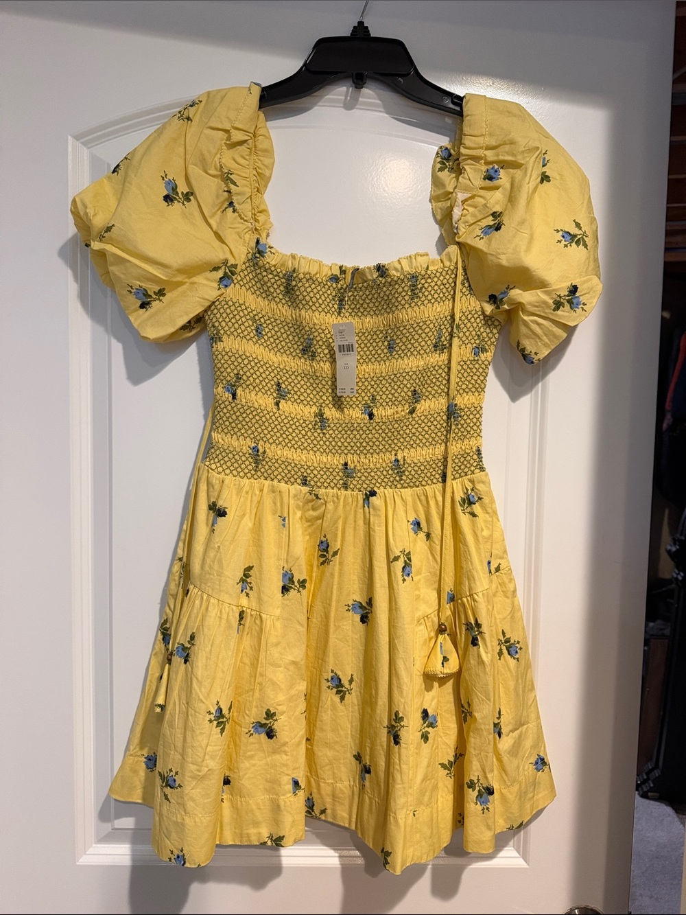 Anthropologie Yellow Floral Smocked Puff-Sleeve Dress